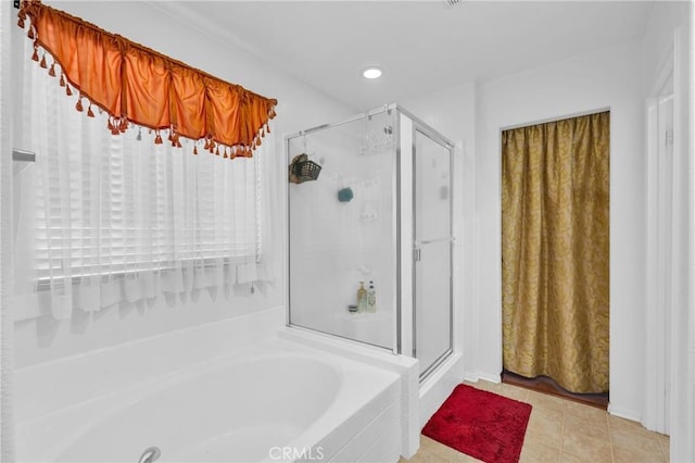 3739 Cherisa St, Perris, CA 92571 - bathroom featuring a stall shower, a bath, tile patterned flooring, and recessed lighting