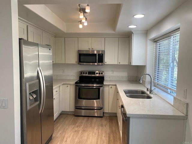 1447 Summit Dr, Chula Vista, CA 91910 - kitchen with appliances with stainless steel finishes, healthy amount of natural light, a raised ceiling, and light wood-style flooring