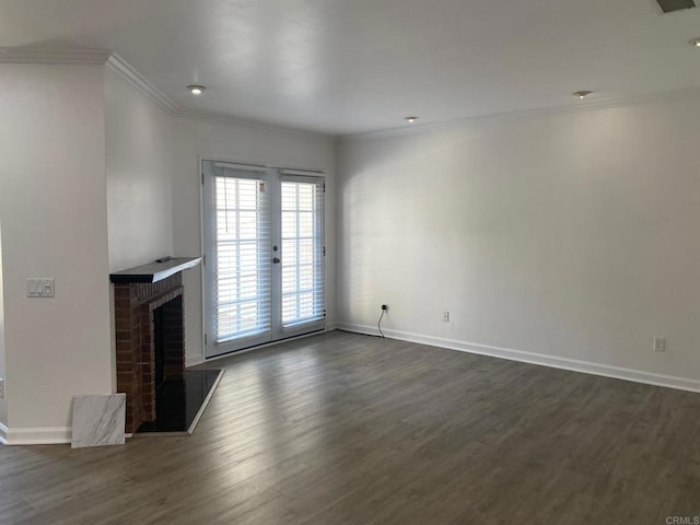 1447 Summit Dr, Chula Vista, CA 91910 - unfurnished living room featuring crown molding, dark wood finished floors, and a brick fireplace