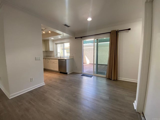 1447 Summit Dr, Chula Vista, CA 91910 - unfurnished living room with ornamental molding, dark wood-type flooring, and recessed lighting