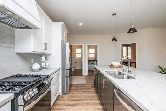 1904 Grey Rabbit Hollow Ln, Fallbrook, CA 92028 - kitchen featuring stainless steel appliances, exhaust hood, white cabinets, light wood-style floors, and plenty of natural light