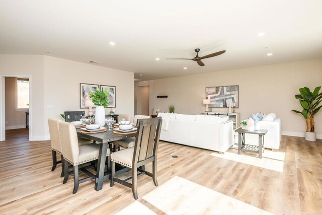 1904 Grey Rabbit Hollow Ln, Fallbrook, CA 92028 - dining space featuring light wood-style floors, ceiling fan, and recessed lighting
