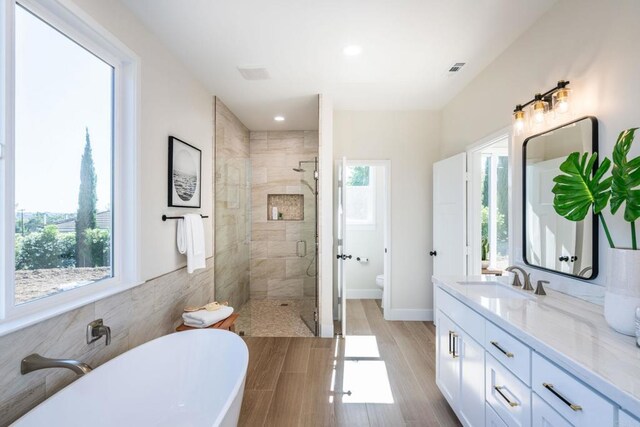1904 Grey Rabbit Hollow Ln, Fallbrook, CA 92028 - bathroom featuring a freestanding bath, a shower stall, vanity, and recessed lighting