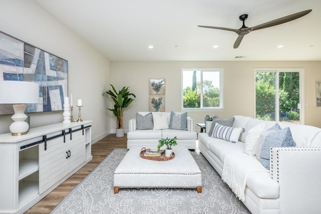 1904 Grey Rabbit Hollow Ln, Fallbrook, CA 92028 - living room with wood finished floors, ceiling fan, and recessed lighting