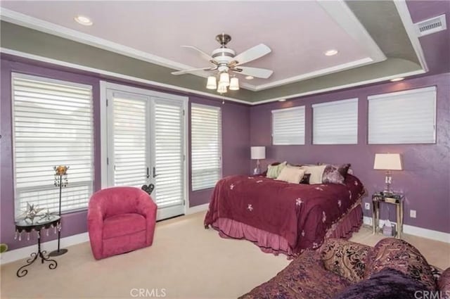 325 Juanita Ave, Oceano, CA 93445 - bedroom featuring carpet floors, crown molding, a ceiling fan, recessed lighting, and access to outside