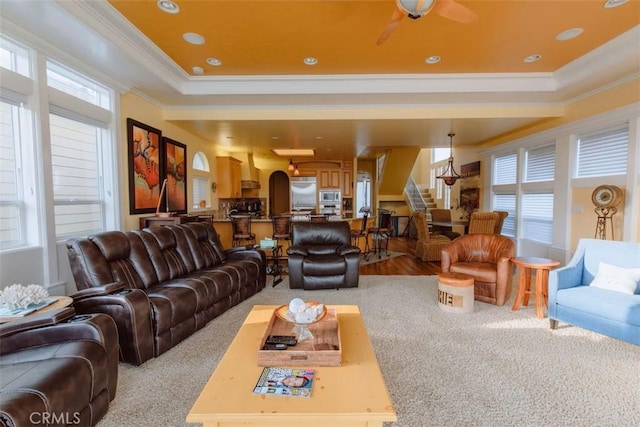 325 Juanita Ave, Oceano, CA 93445 - carpeted living room with crown molding, stairs, and a raised ceiling