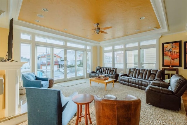 325 Juanita Ave, Oceano, CA 93445 - living room featuring a raised ceiling, healthy amount of natural light, a ceiling fan, ornamental molding, and carpet floors