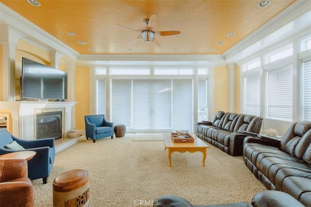 325 Juanita Ave, Oceano, CA 93445 - living room with ornamental molding, a ceiling fan, carpet flooring, and a fireplace