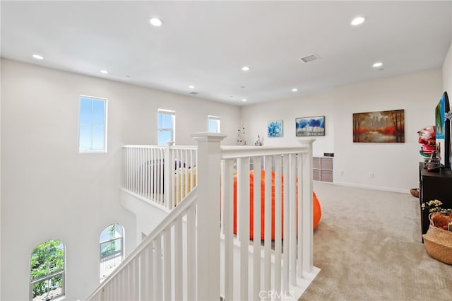 105 High Mdw, Lake Forest, CA 92610 - hallway with an upstairs landing, carpet, healthy amount of natural light, and recessed lighting