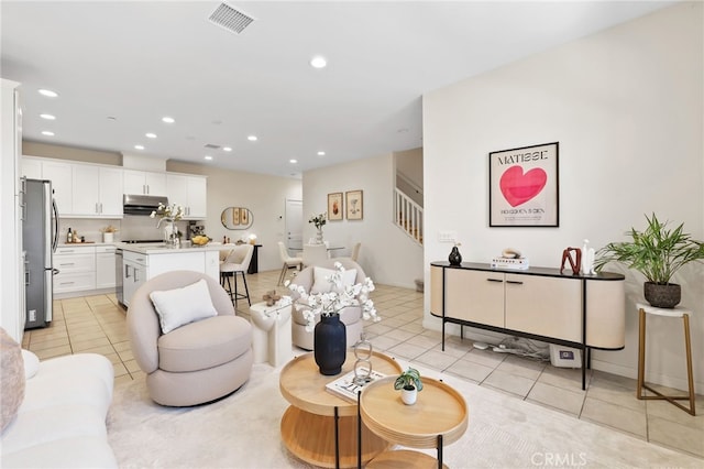 105 High Mdw, Lake Forest, CA 92610 - living room with light tile patterned floors, stairs, and recessed lighting