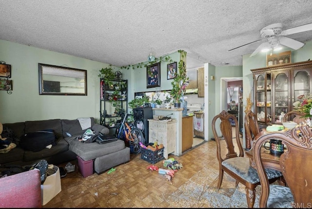 4139 46th St, San Diego, CA 92105 - living area featuring a textured ceiling and ceiling fan