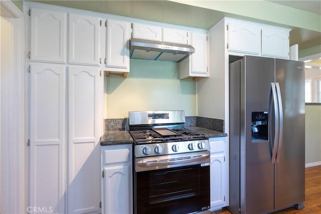 3766 Rose Ave, Long Beach, CA 90807 - kitchen featuring appliances with stainless steel finishes, under cabinet range hood, white cabinets, and wood finished floors