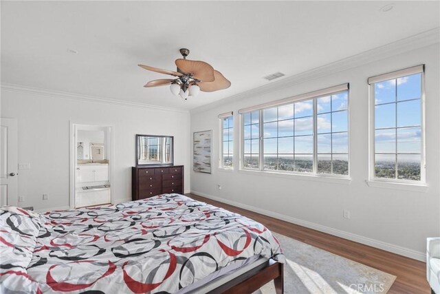 20704 Campania Ln, Porter Ranch, CA 91326 - bedroom featuring ornamental molding, wood finished floors, ensuite bathroom, and ceiling fan