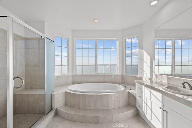 20704 Campania Ln, Porter Ranch, CA 91326 - full bathroom with a bath, vanity, a stall shower, tile patterned floors, and recessed lighting