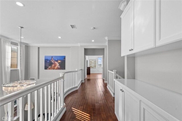 20704 Campania Ln, Porter Ranch, CA 91326 - hallway featuring an upstairs landing, crown molding, dark wood-style floors, and recessed lighting