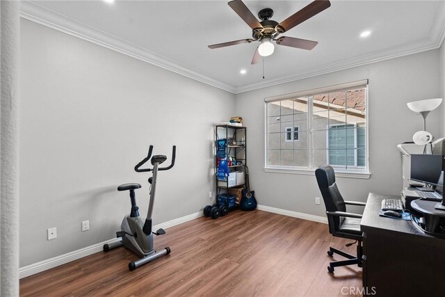 20704 Campania Ln, Porter Ranch, CA 91326 - office space featuring wood finished floors, ornamental molding, a ceiling fan, and recessed lighting