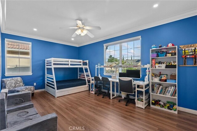 20704 Campania Ln, Porter Ranch, CA 91326 - bedroom with wood finished floors, multiple windows, ornamental molding, a ceiling fan, and recessed lighting