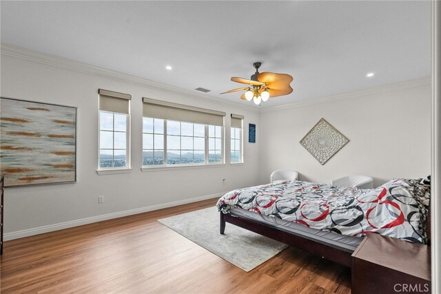 20704 Campania Ln, Porter Ranch, CA 91326 - bedroom featuring wood finished floors, ornamental molding, a ceiling fan, and recessed lighting