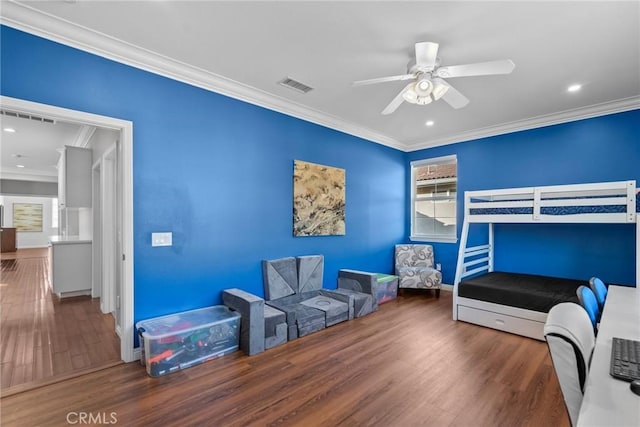 20704 Campania Ln, Porter Ranch, CA 91326 - bedroom with crown molding, wood finished floors, ceiling fan, and recessed lighting