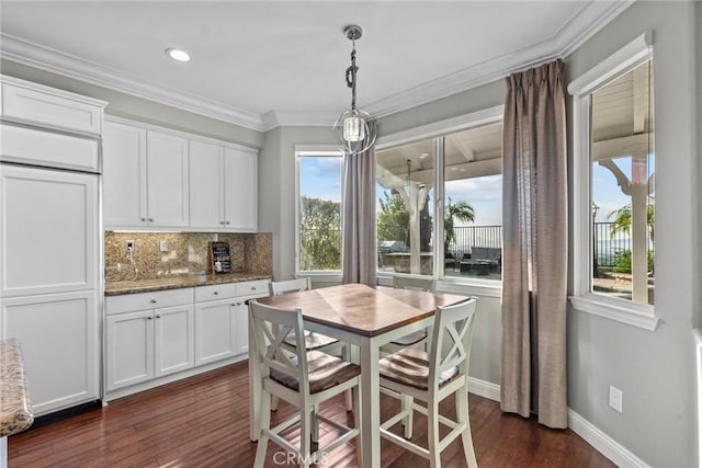 20704 Campania Ln, Porter Ranch, CA 91326 - dining area featuring dark wood-style floors, crown molding, and recessed lighting