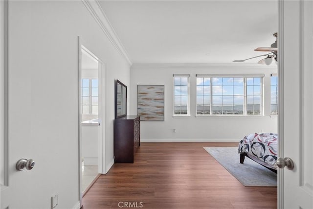20704 Campania Ln, Porter Ranch, CA 91326 - entryway with ornamental molding, wood finished floors, and a ceiling fan
