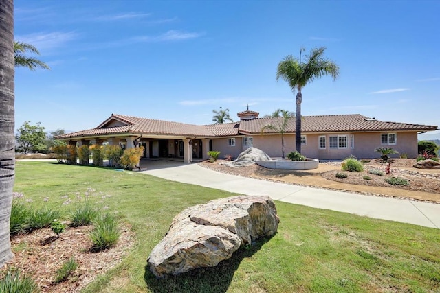 36485 Carney Rd, Valley Center, CA 92082 - single story home with a tiled roof, stucco siding, a front yard, concrete driveway, and a chimney