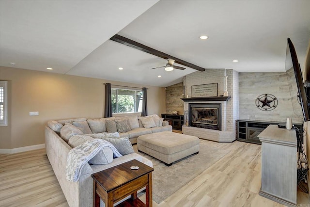 36485 Carney Rd, Valley Center, CA 92082 - living room featuring a brick fireplace, light wood-style flooring, ceiling fan, and recessed lighting