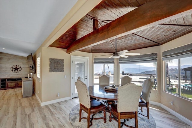 36485 Carney Rd, Valley Center, CA 92082 - dining area with plenty of natural light, light wood-style flooring, a mountain view, ceiling fan, and wood ceiling