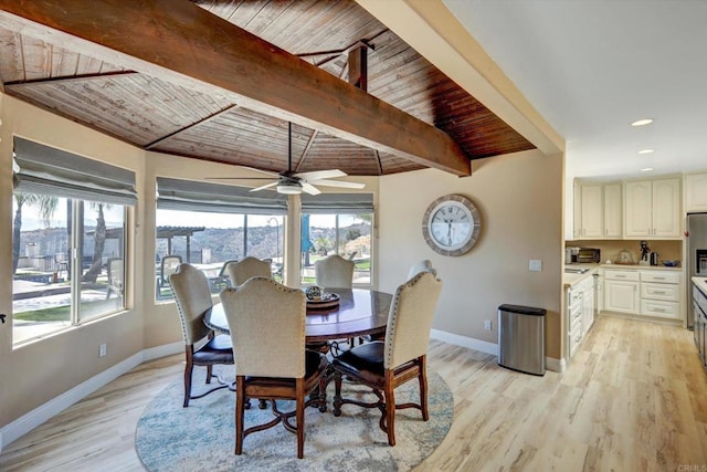 36485 Carney Rd, Valley Center, CA 92082 - dining space featuring light wood-style floors, ceiling fan, a wooden ceiling with exposed beams, and recessed lighting