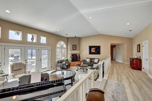 36485 Carney Rd, Valley Center, CA 92082 - living area with light wood-style floors, french doors, vaulted ceiling, and recessed lighting