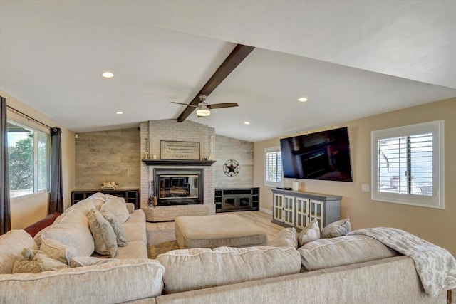 36485 Carney Rd, Valley Center, CA 92082 - living room featuring ceiling fan, a brick fireplace, wood finished floors, and recessed lighting