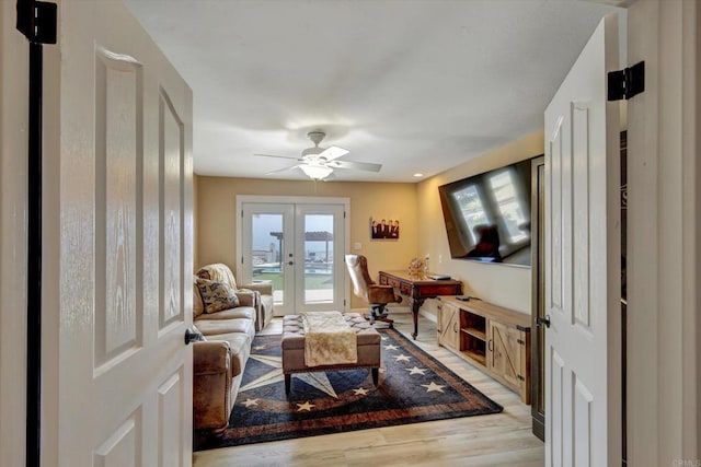 36485 Carney Rd, Valley Center, CA 92082 - living room with french doors, light wood-style flooring, and ceiling fan