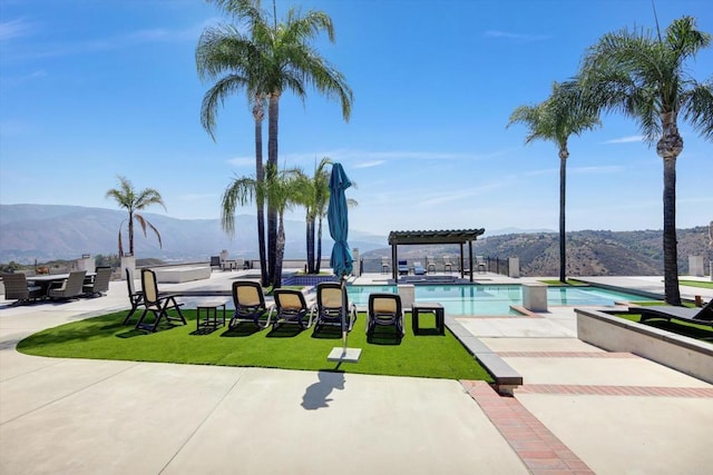 36485 Carney Rd, Valley Center, CA 92082 - surrounding community featuring a pergola, a mountain view, a swimming pool, a yard, and a patio
