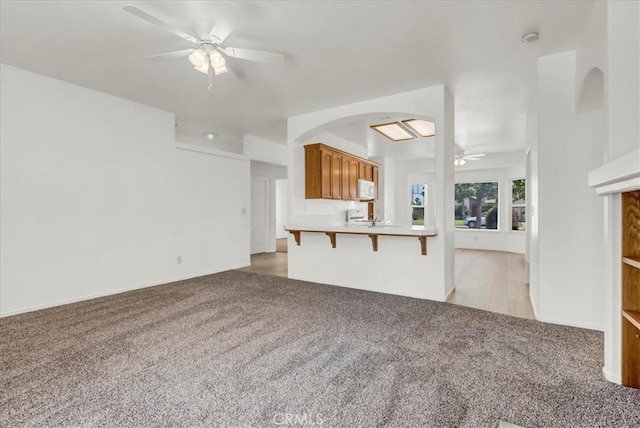 2508 Goldridge St, Selma, CA 93662 - unfurnished living room with a ceiling fan, light colored carpet, and arched walkways