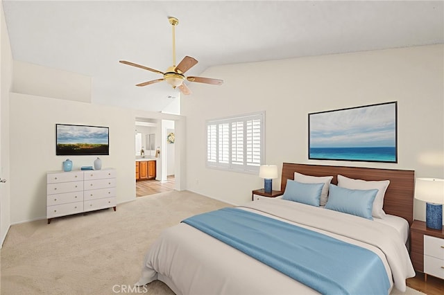 45857 Jeronimo St, Temecula, CA 92592 - bedroom with vaulted ceiling, carpet flooring, connected bathroom, and a ceiling fan