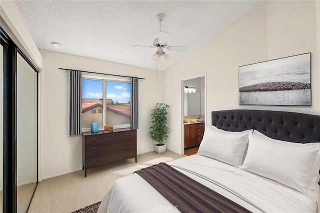 45857 Jeronimo St, Temecula, CA 92592 - bedroom with light colored carpet, vaulted ceiling, a ceiling fan, ensuite bathroom, and a closet