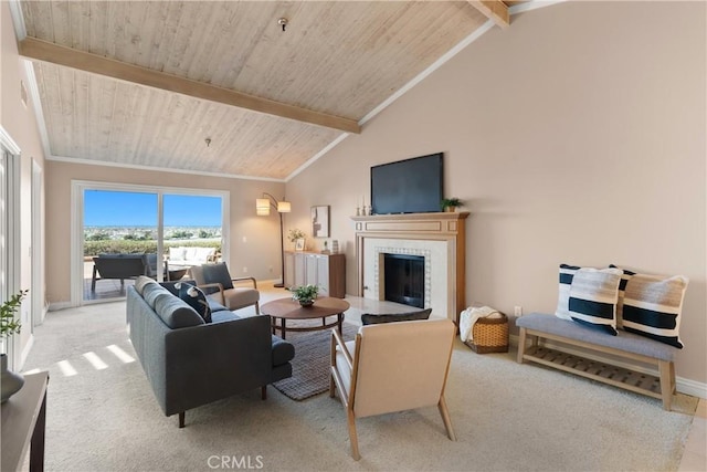 2175 Pacific Ave Unit E4, Costa Mesa, CA 92627 - carpeted living room featuring a tiled fireplace and wooden ceiling