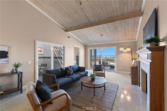 2175 Pacific Ave Unit E4, Costa Mesa, CA 92627 - carpeted living area with a wood ceiling with exposed beams, a fireplace with flush hearth, and high vaulted ceiling