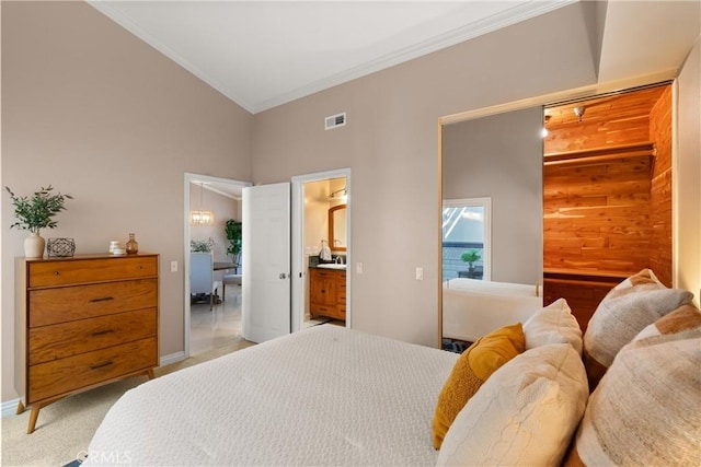 2175 Pacific Ave Unit E4, Costa Mesa, CA 92627 - bedroom featuring ornamental molding, ensuite bath, and high vaulted ceiling