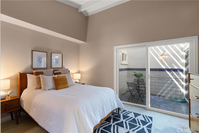 2175 Pacific Ave Unit E4, Costa Mesa, CA 92627 - carpeted bedroom featuring access to exterior, crown molding, and a towering ceiling