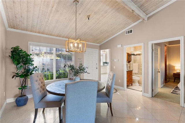 2175 Pacific Ave Unit E4, Costa Mesa, CA 92627 - dining space with wood ceiling, light tile patterned flooring, a chandelier, and ornamental molding