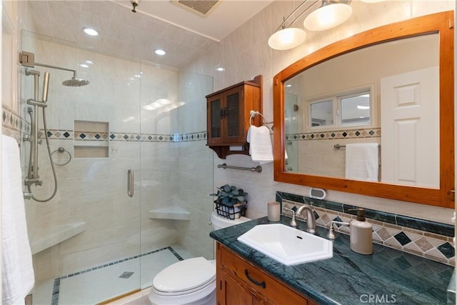 2175 Pacific Ave Unit E4, Costa Mesa, CA 92627 - full bath with a shower stall, tile walls, vanity, and tasteful backsplash