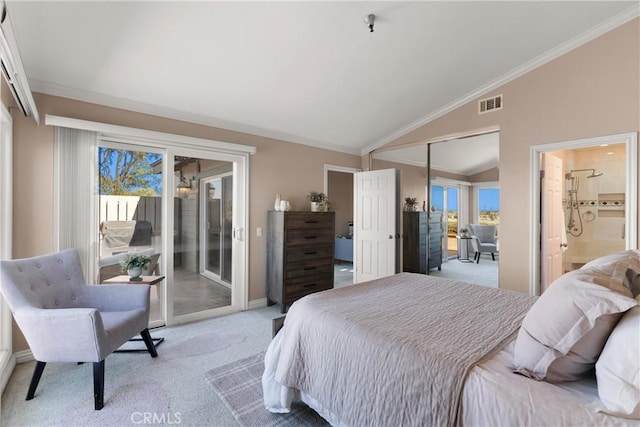 2175 Pacific Ave Unit E4, Costa Mesa, CA 92627 - bedroom featuring access to outside, vaulted ceiling, carpet, crown molding, and connected bathroom