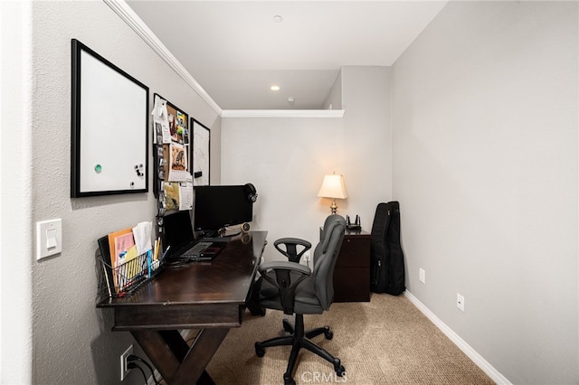 1568 Patterson Ranch Rd, Redlands, CA 92374 - home office with carpet flooring, ornamental molding, and recessed lighting