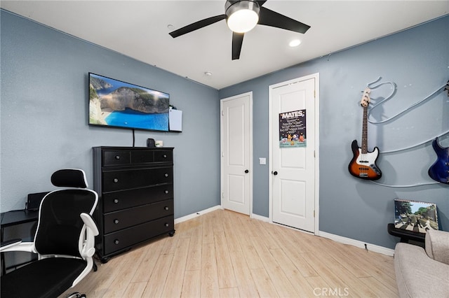 1568 Patterson Ranch Rd, Redlands, CA 92374 - office featuring a ceiling fan, wood finished floors, and recessed lighting