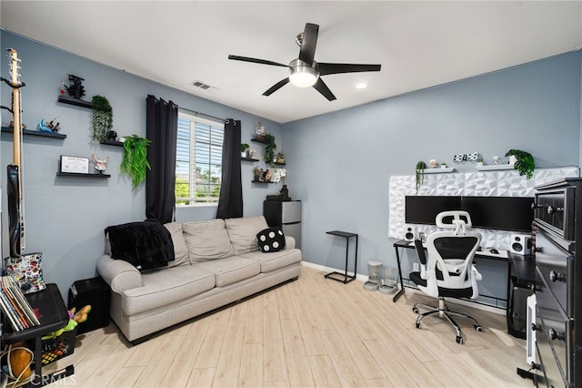 1568 Patterson Ranch Rd, Redlands, CA 92374 - office featuring a ceiling fan, wood finished floors, and recessed lighting