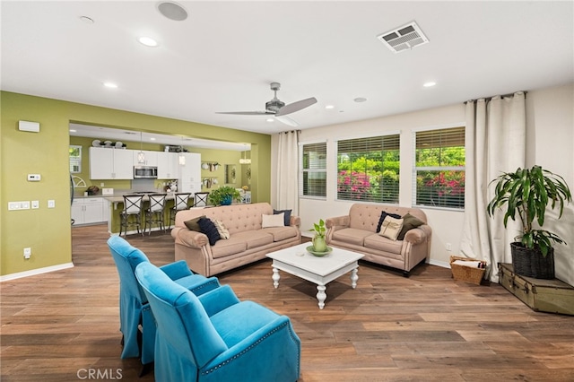 1568 Patterson Ranch Rd, Redlands, CA 92374 - living room with ceiling fan, wood finished floors, and recessed lighting
