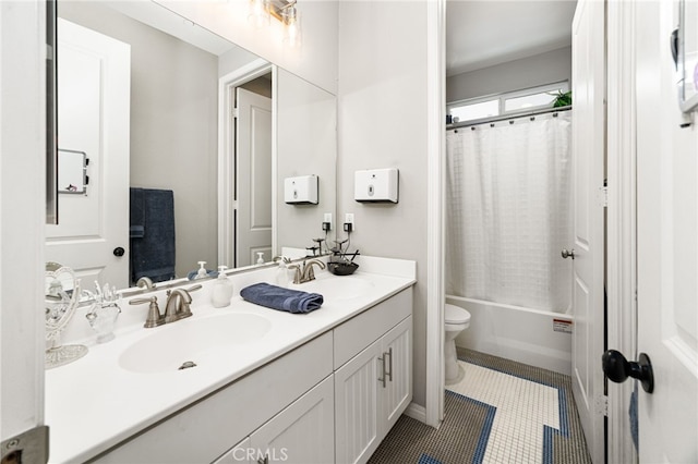 1568 Patterson Ranch Rd, Redlands, CA 92374 - full bathroom with double vanity, shower / bath combo with shower curtain, and tile patterned floors