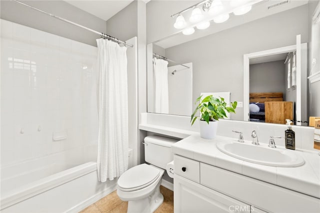 46287 Durango Dr, Temecula, CA 92592 - ensuite bathroom featuring shower / bath combination with curtain, vanity, and tile patterned flooring
