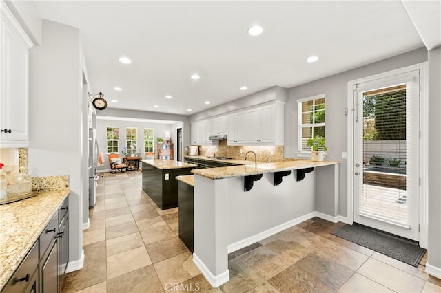 46287 Durango Dr, Temecula, CA 92592 - kitchen featuring tasteful backsplash, under cabinet range hood, a center island, a peninsula, and white cabinets